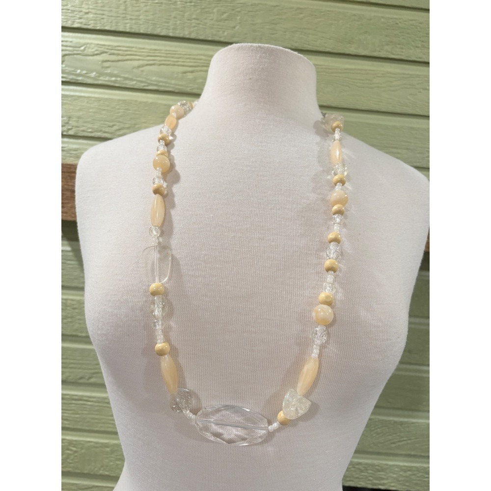 Clear Quartz Translucent Beige Stone Beaded Necklace Faceted Statement